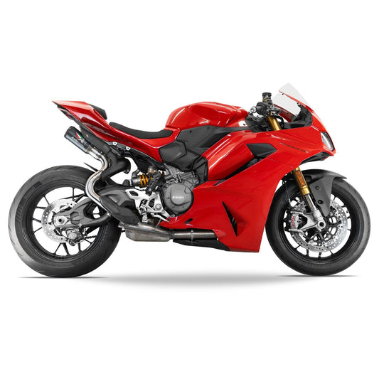 Black Austin Racing 2025 V2 slip-on exhaust system for Ducati Panigale RS22-V, race and DB compliant, installed on motorcycle.