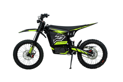 Howling Moto Grasshopper SE electric dirt bike with 72V 60Ah battery and 12.5kW mid-drive motor, shown on rugged terrain.