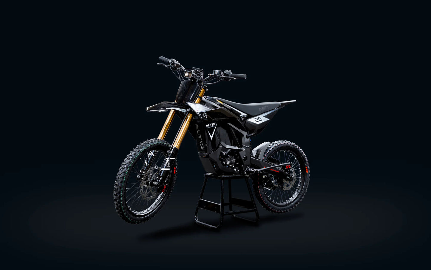 Altis Powersports Sigma electric dirt bike, 2025/2026 e-moto with rugged off-road tires and sleek design, perfect for outdoor riding.