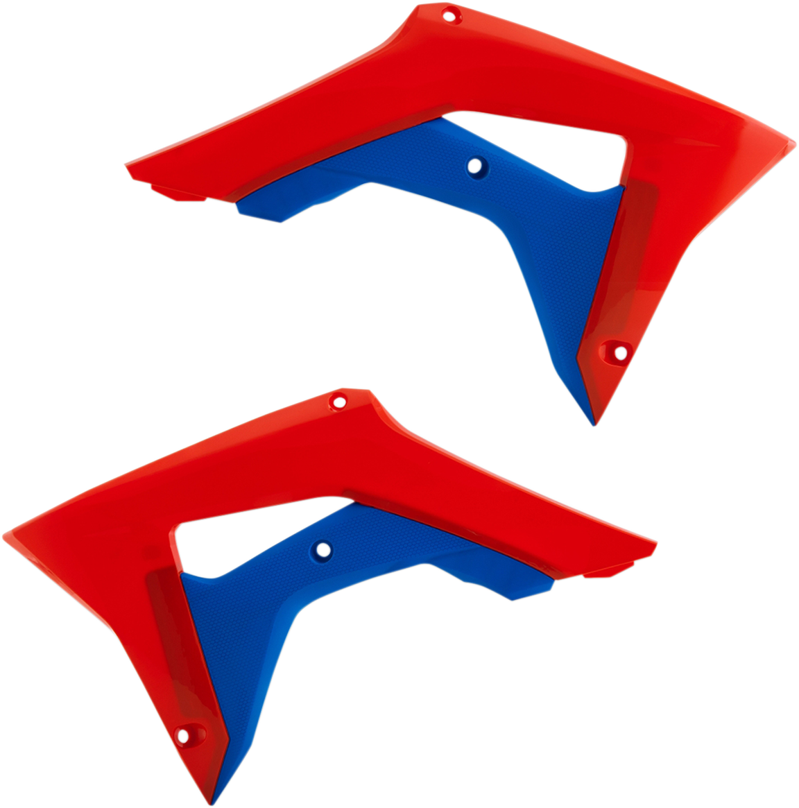Acerbis radiator shrouds in red and blue for motorcycle body protection, designed by Bill's Exhausts.
