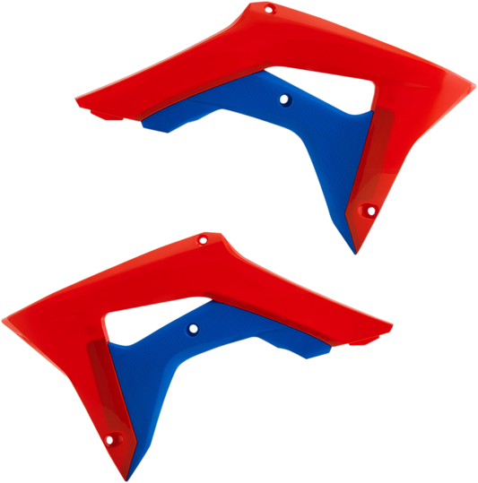 Acerbis radiator shrouds in red and blue for motorcycle body protection, designed by Bill's Exhausts.