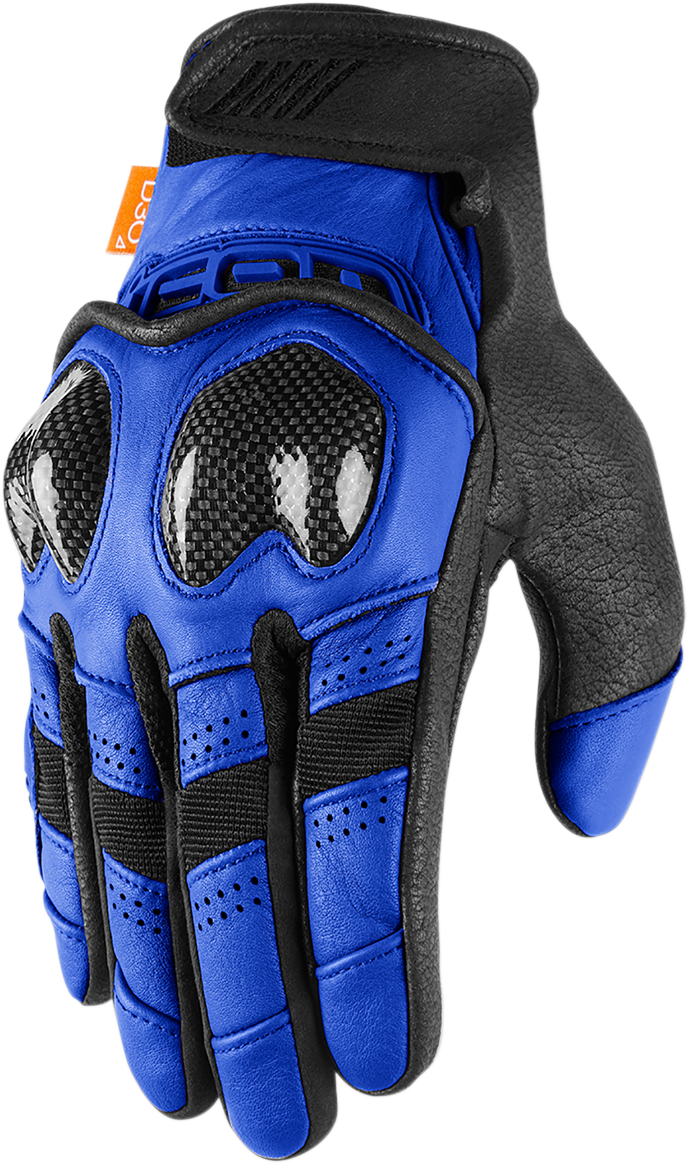 Blue ICON Contra2™ gloves in small size, showing the textured palm and ergonomic design for motorcycle riding comfort.