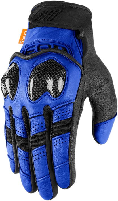 Blue ICON Contra2™ gloves in small size, showing the textured palm and ergonomic design for motorcycle riding comfort.