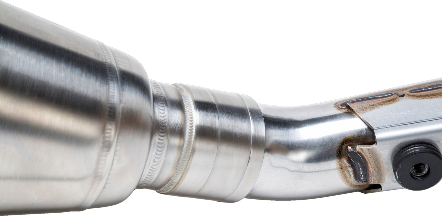 YOSHIMURA RS-12 Signature Series dirt bike exhaust system with aluminum and carbon fiber components, showcasing sleek design details.