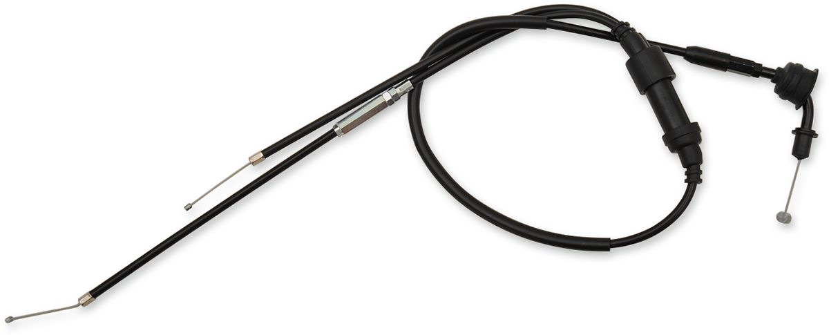 Black vinyl throttle cable for Yamaha, 33-inch length, by MOOSE OFFROAD, shown with detailed connectors on a Yamaha vehicle.