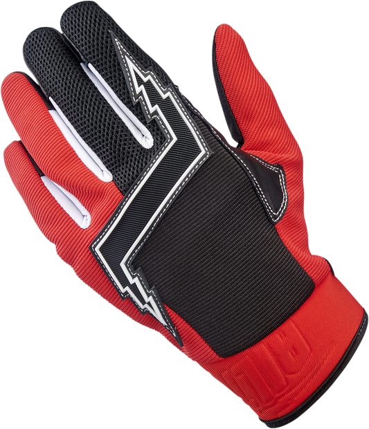 Bill's Exhausts BILTWELL Baja Gloves in red, large size, showcasing durable motorcycle gloves with reinforced palms and adjustable wrist straps.