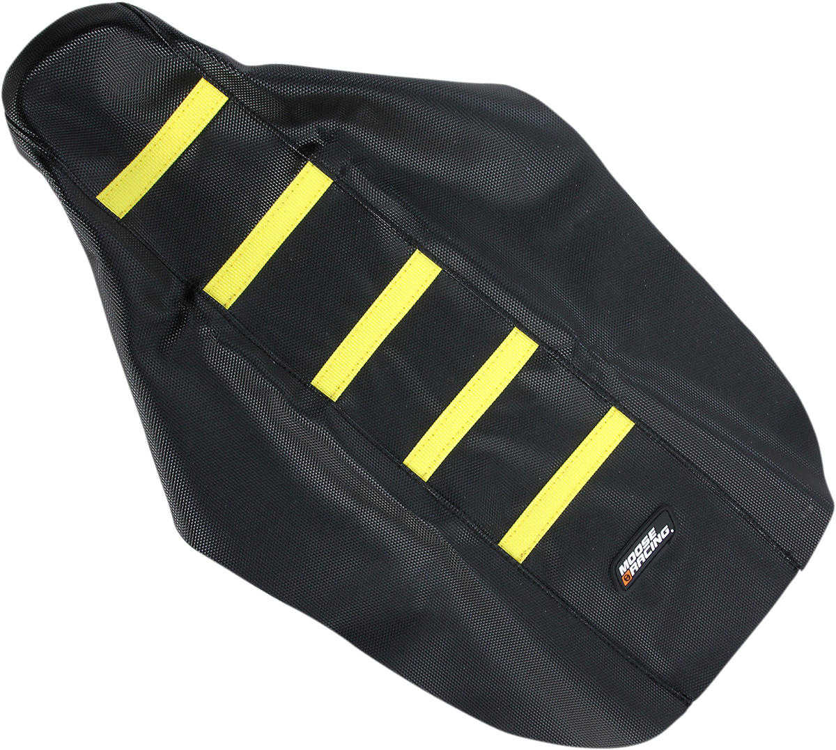 Black Moose Offroad ribbed seat cover with yellow ribs for Suzuki RM85 motorcycle (2002-2023), part number RM8502-331RT.