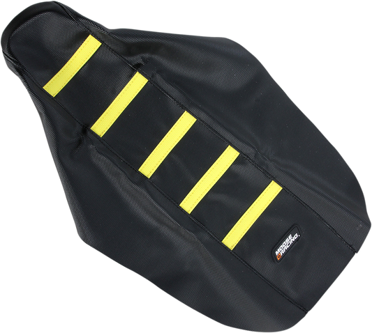 Black Moose Offroad ribbed seat cover with yellow ribs for Suzuki RM85 motorcycle (2002-2023), part number RM8502-331RT.