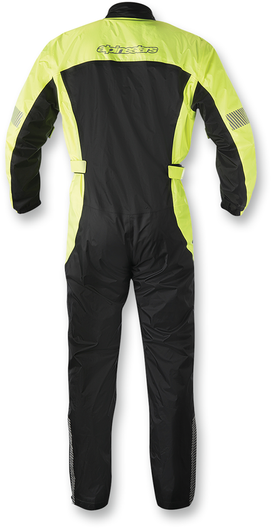Yellow fluorescent and black ALPINESTARS Hurricane rainsuit, large size, waterproof motorcycle gear with reflective accents.