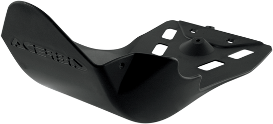 A black ACERBIS skid plate for Kawasaki and Yamaha motorcycles, designed to protect the body underside.