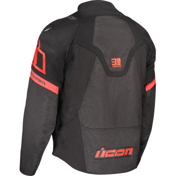 Black ICON Contra3™ Hero Jacket in 2XL, featuring durable fabric, logo details, and a modern motorcycle jacket design.