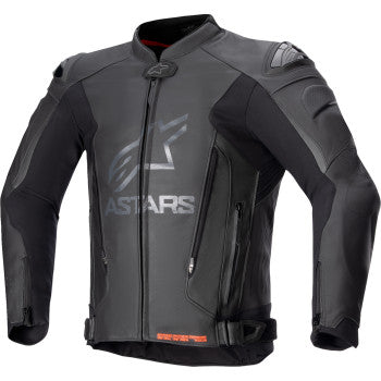 Black ALPINESTARS GP Plus R v4 leather motorcycle jacket with armor, shown on a mannequin, size US 46 / EU 56.