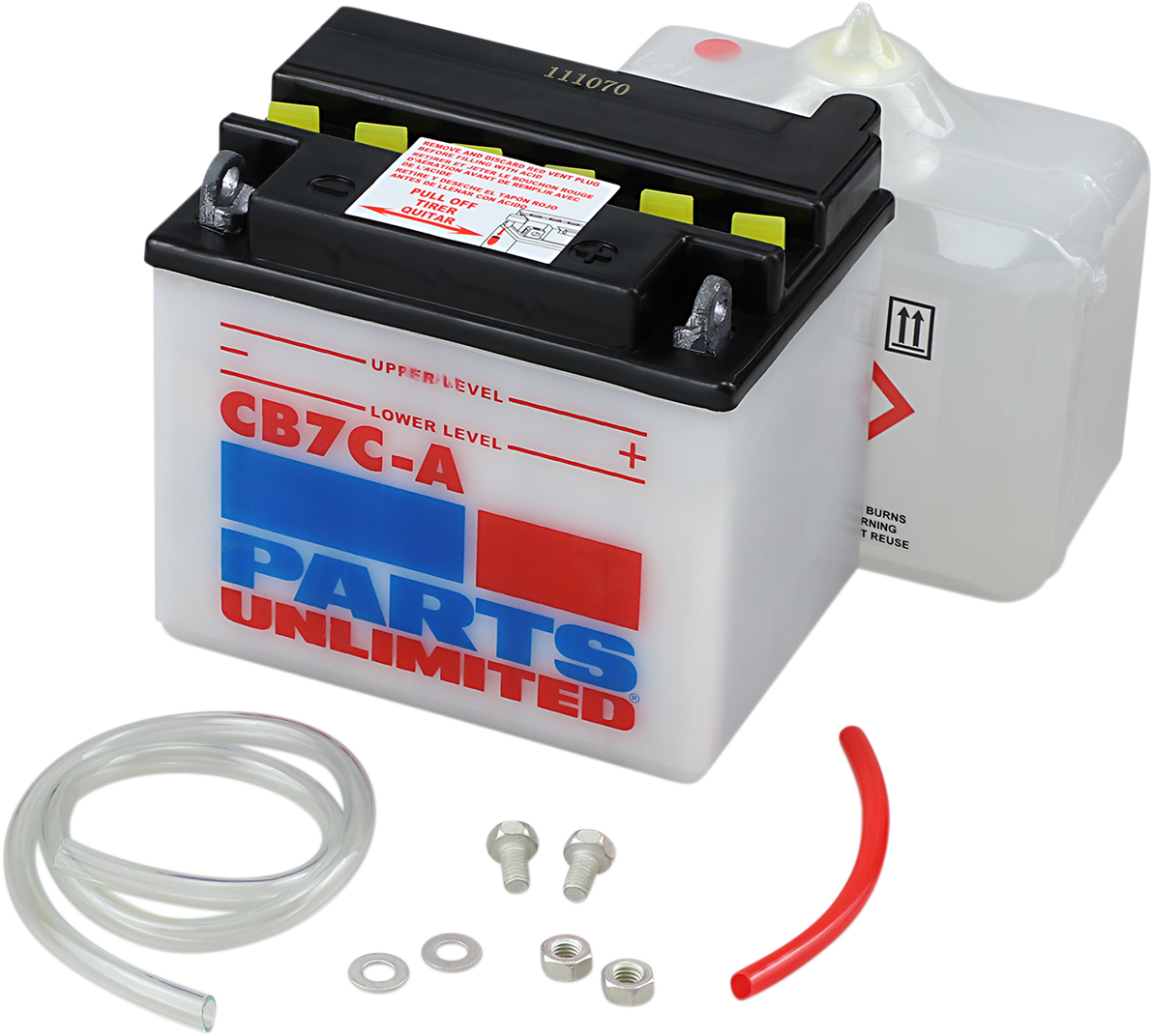 Parts Unlimited YB7C-A CB7C-A-FP heavy-duty motorcycle battery providing reliable starting power, shown with terminals and case.