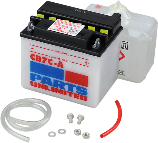 Parts Unlimited YB7C-A CB7C-A-FP heavy-duty motorcycle battery providing reliable starting power, shown with terminals and case.