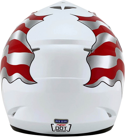 White AFX FX-17 helmet with flag design, XS size, featuring a sleek helmet shape and detailed graphics.
