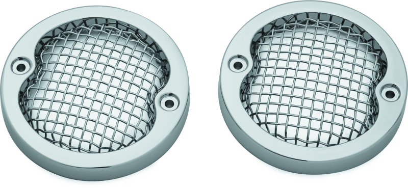 Kuryakyn Mesh Turn Signal Bezels in chrome, made of rugged aluminum and stainless steel, designed for Harley Davidson models.