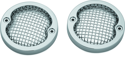 Kuryakyn Mesh Turn Signal Bezels in chrome, made of rugged aluminum and stainless steel, designed for Harley Davidson models.