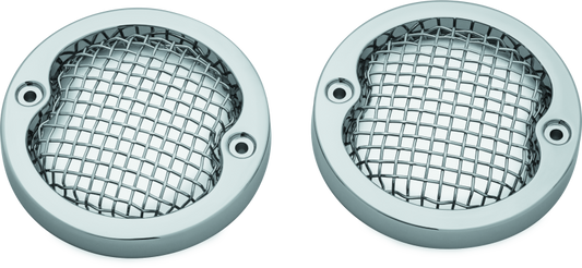 Kuryakyn Mesh Turn Signal Bezels in chrome, made of rugged aluminum and stainless steel, designed for Harley Davidson models.