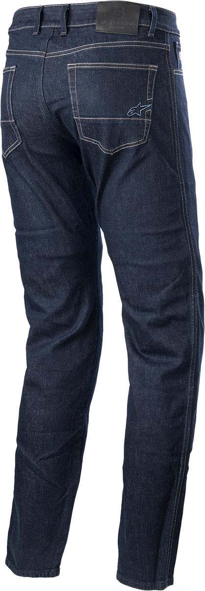 Alpinestars Sektor motorcycle pants in medium blue with reinforced panels and zipper closures, designed for riding comfort and safety.