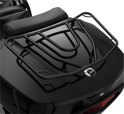 Bill's Exhausts SHOW CHROME Tour Trunk Luggage Rack in satin black mounted on motorcycle engine for touring gear storage.