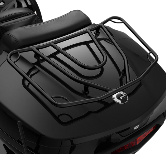 Bill's Exhausts SHOW CHROME Tour Trunk Luggage Rack in satin black mounted on motorcycle engine for touring gear storage.