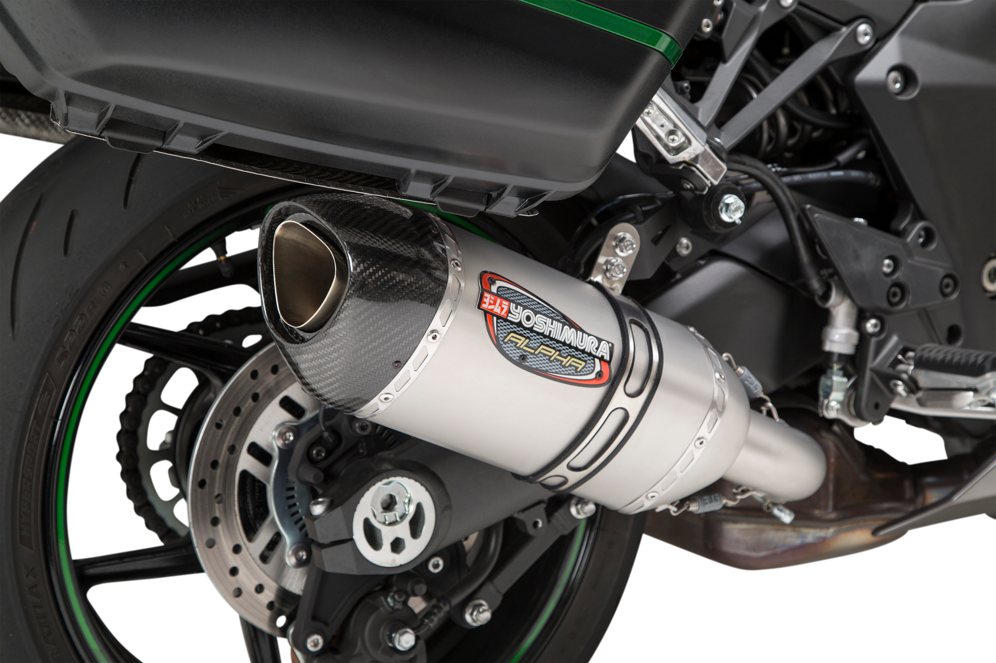 YOSHIMURA RS-12 ADV Street Alpha slip-on motorcycle exhaust for Kawasaki, featuring sleek black finish and metal end cap.
