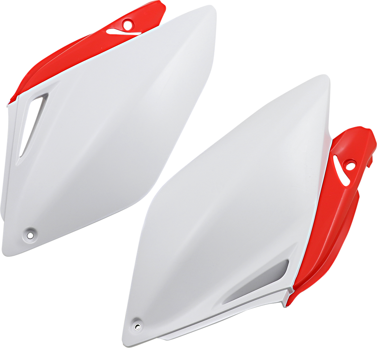 A set of ACERBIS red and white side body panels with product code 2043240215, designed for motorcycle customization.