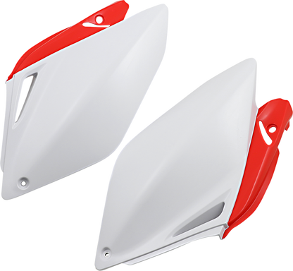 A set of ACERBIS red and white side body panels with product code 2043240215, designed for motorcycle customization.