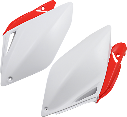 A set of ACERBIS red and white side body panels with product code 2043240215, designed for motorcycle customization.