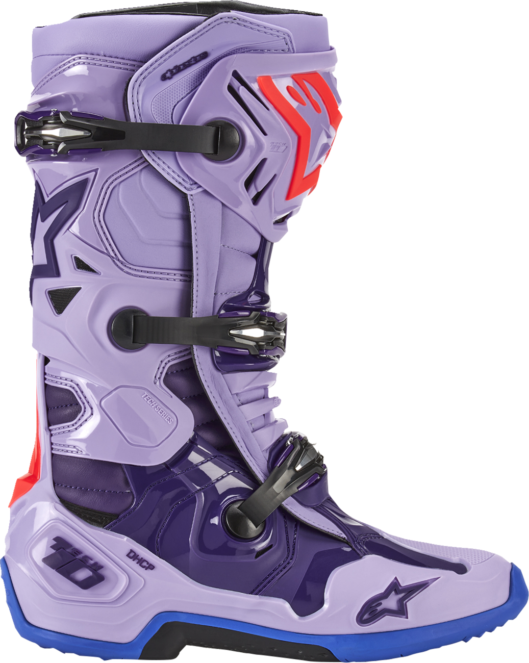 Alpinestars Tech 10 motorcycle boots in laser purple with US size 9, featuring protective design and durable construction.