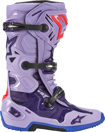 Alpinestars Tech 10 motorcycle boots in laser purple with US size 9, featuring protective design and durable construction.