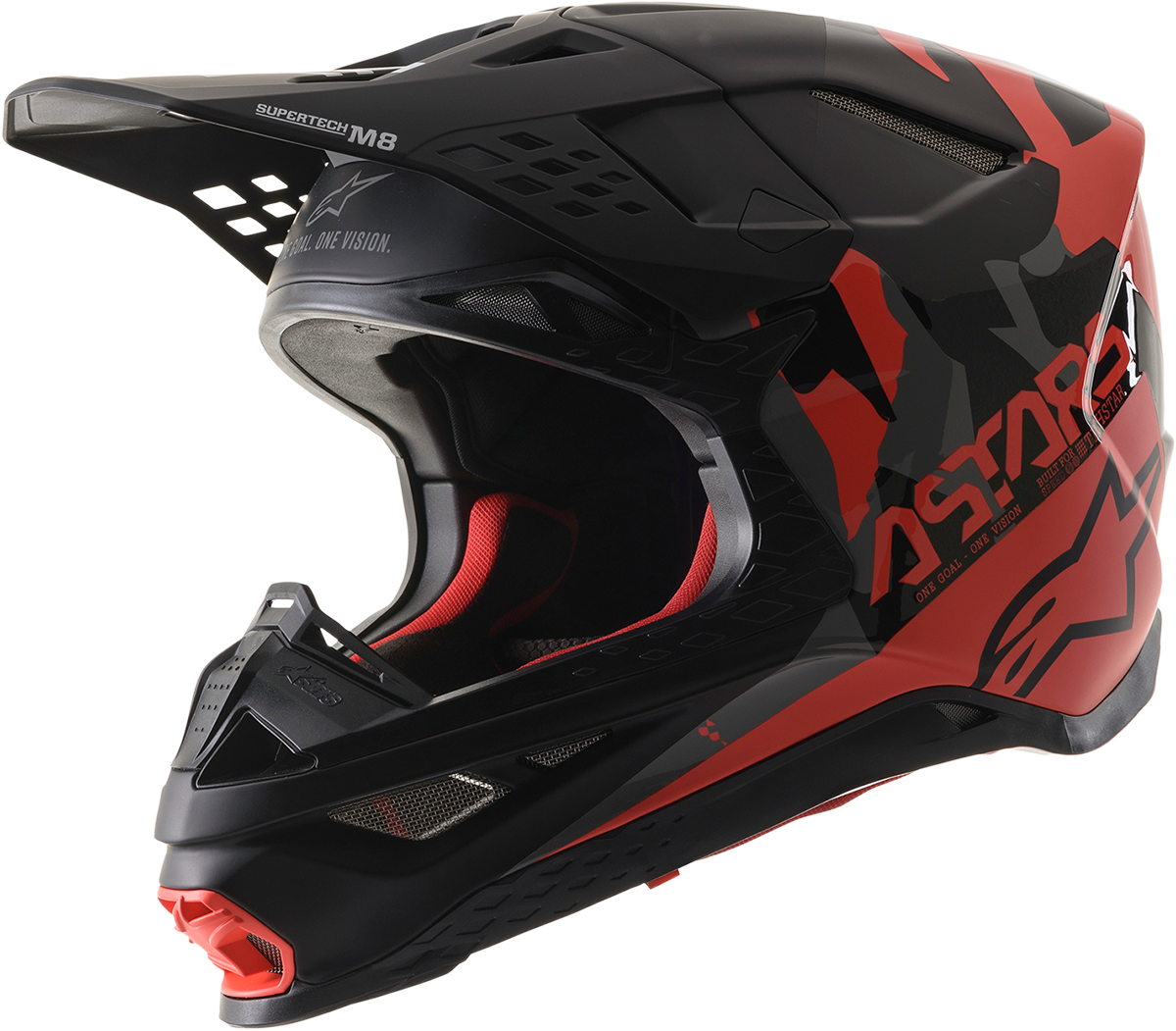 Alpinestars Supertech M8 helmet in black, red, and gloss finish with MIPS® technology, shown in XL size, aerodynamic design.