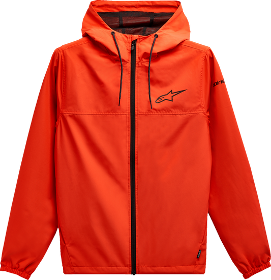 Alpinestars Treq windbreaker jacket in red and black, 2XL, displayed on a hanger with front view and zip details.