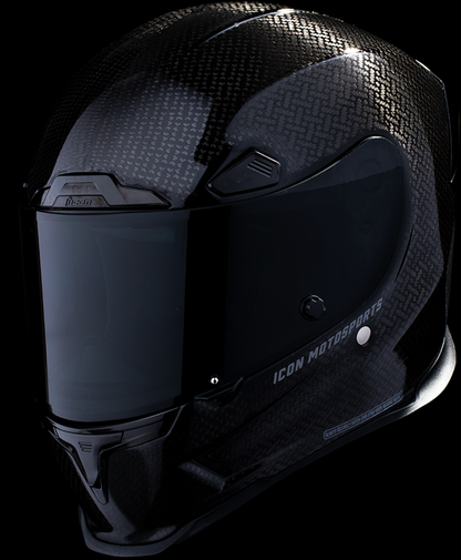 Black ICON Airframe Pro motorcycle helmet in medium size, featuring carbon 4Tress design with sleek, aerodynamic shape.