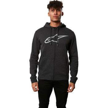 Charcoal and gray ALPINESTARS Ageless II zip hoodie in large size, featuring a front zipper and branded logo, casual streetwear style.