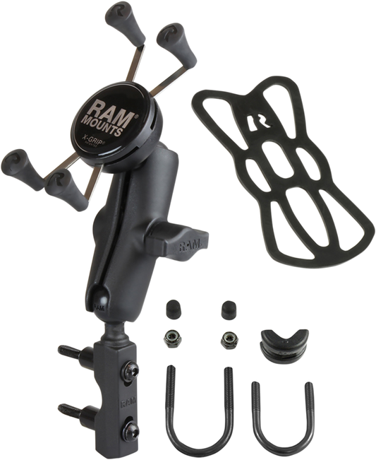Bill's Exhausts RAM Mount Kit with X-Grip handlebar mount for brake or clutch engine components, shown on a motorcycle handlebar.