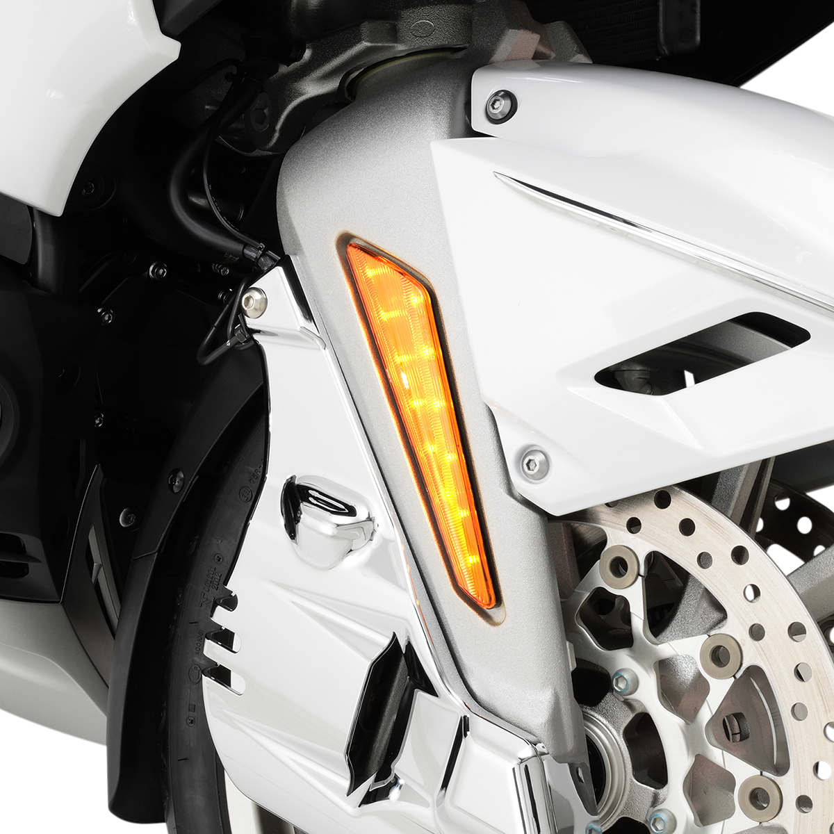 Bill's Exhausts SHOW CHROME LED Marker Lights for GL1800 motorcycle, amber engine lights with chrome finish.