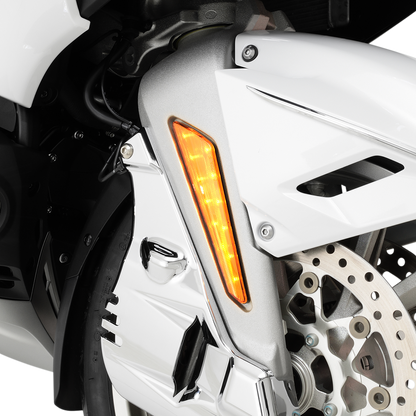 Bill's Exhausts SHOW CHROME LED Marker Lights for GL1800 motorcycle, amber engine lights with chrome finish.