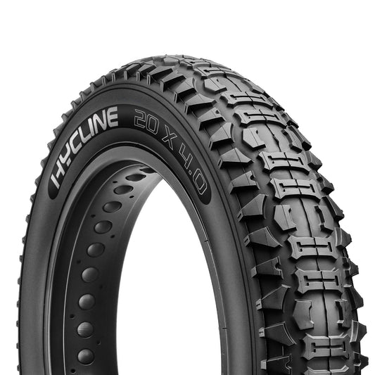 Hycline Bones Fat Bike Tire 20x4.0 for all-terrain e-bikes, showing tread pattern and sidewall details on rugged surface.