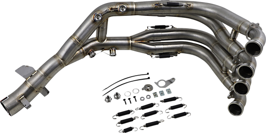Akrapovic stainless steel headers for BMW S1000XR motorcycle, featuring high-performance exhaust components.