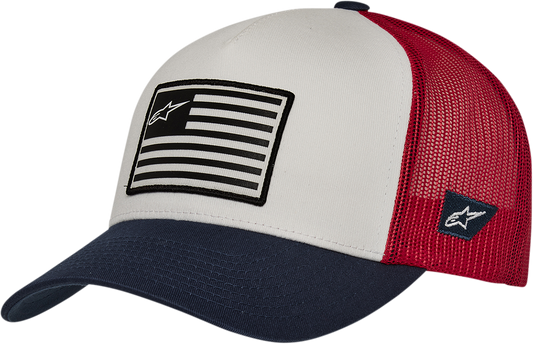 Alpinestars flag snapback hat in white, navy, and red with embroidered logo, adjustable brim and classic baseball cap style.