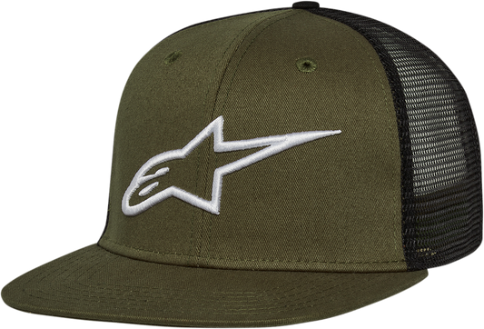 Alpinestars Corp Trucker Hat in military black with mesh back and curved brim, one size fits most.