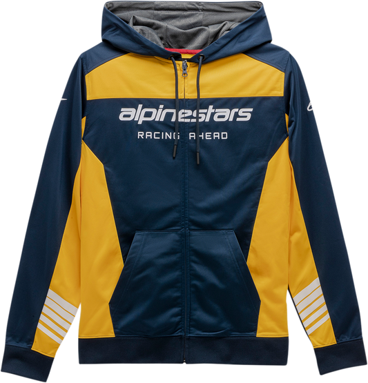 Alpinestars Sessions II fleece jacket in navy and gold, size large, featuring a soft fleece fabric and stylish design.