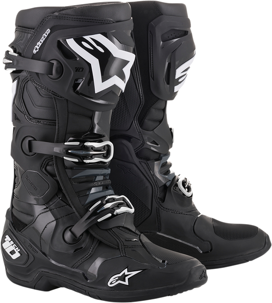 Alpinestars Tech 10 motorcycle boots in black with advanced flex control and impact protection, US size 8 / EU 42.