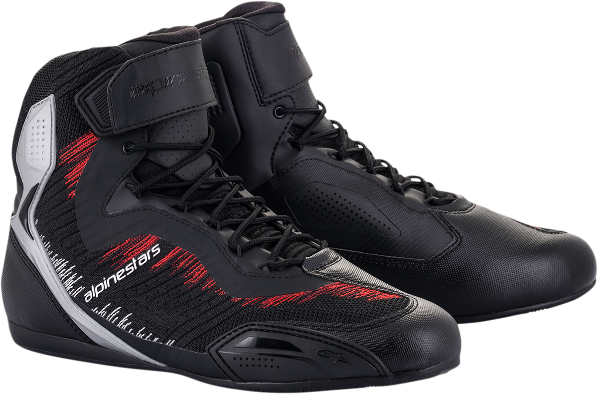Alpinestars Faster-3 Rideknit® motorcycle shoes in black, silver, and red, US 8.5, showing the sleek design and sporty style.