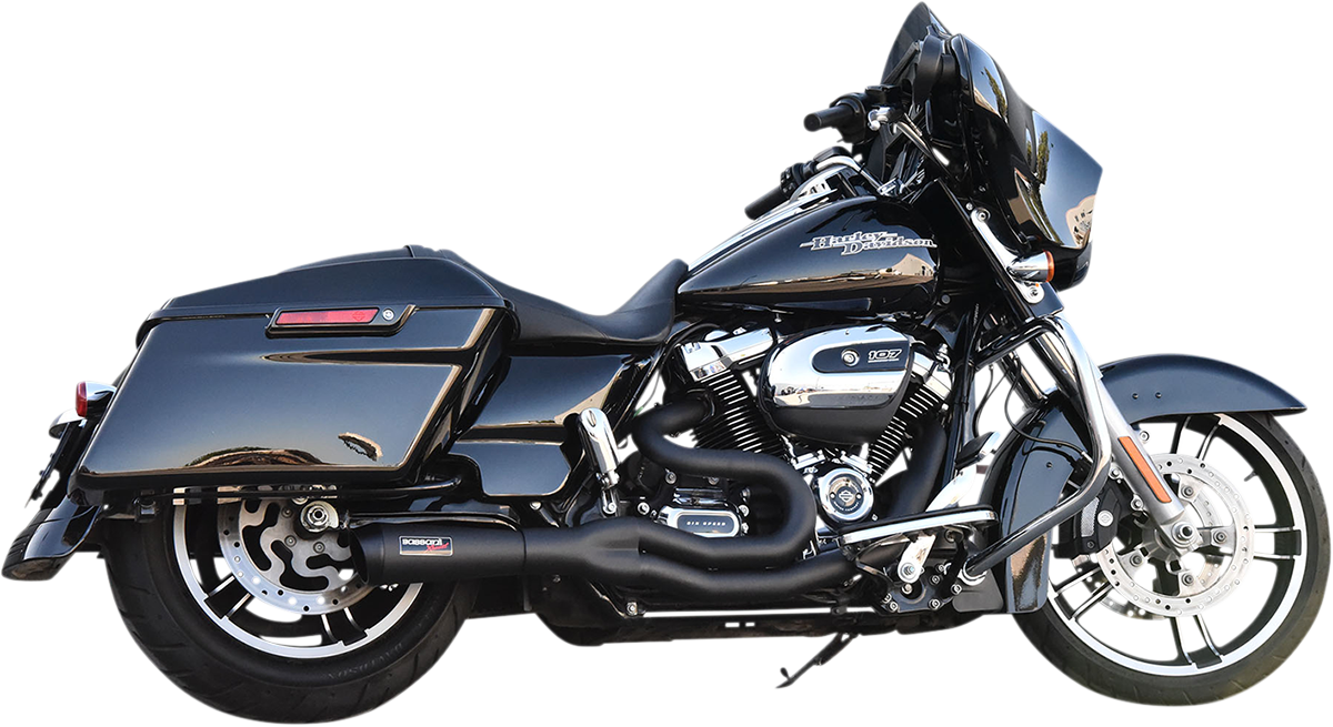 BASSANI XHAUST 2:1 Performance Exhaust System Model 1F68B with black finish installed on motorcycle engine.