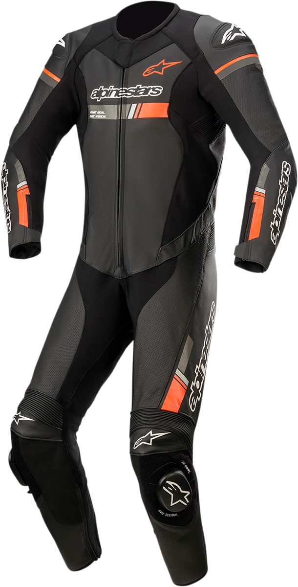 Alpinestars GP Force Chaser 1-piece leather motorcycle suit in black and red fluo with Nucleon Bio-Flex protectors, size US 48/EU 58.