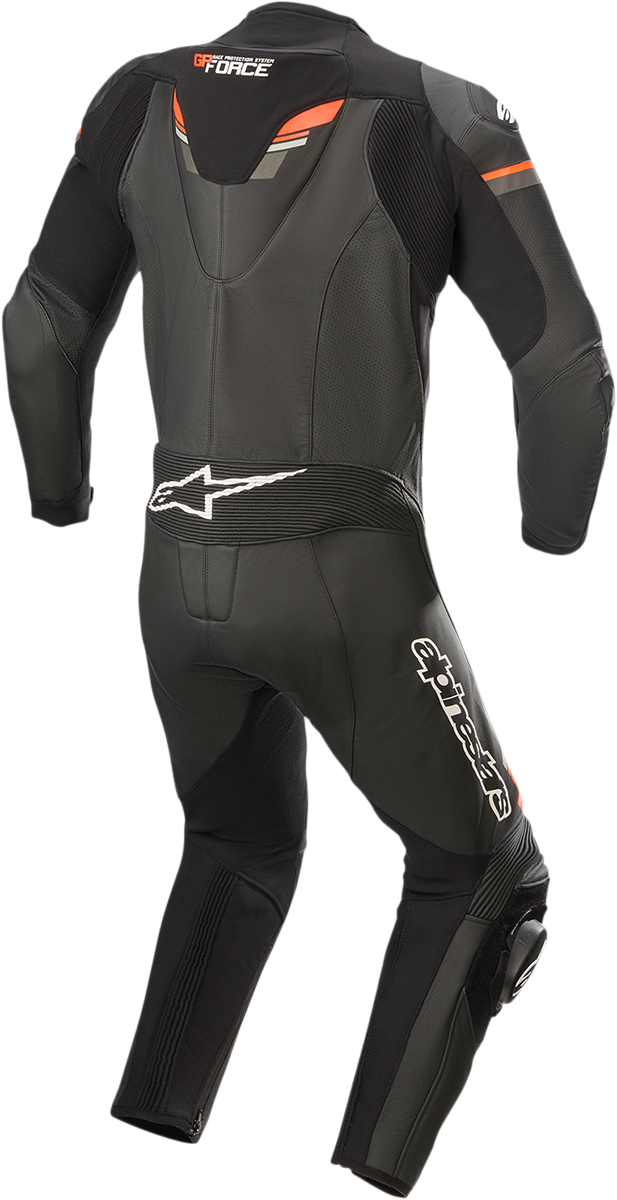 Alpinestars GP Force Chaser 1-piece leather suit with Nucleon Bio-Flex protectors in black and red fluo, US 48 / EU 58 size.