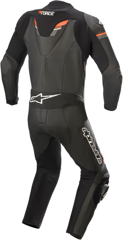 Alpinestars GP Force Chaser 1-piece leather suit with Nucleon Bio-Flex protectors in black and red fluo, US 48 / EU 58 size.