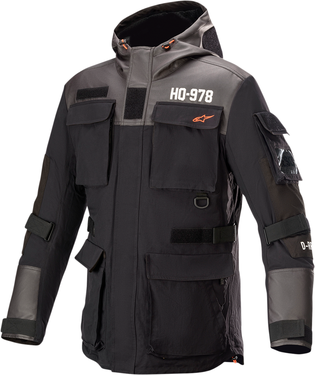 Black ALPINESTARS Daiji motorcycle jacket in XL with water-resistant textile and impact protectors, shown on a mannequin.